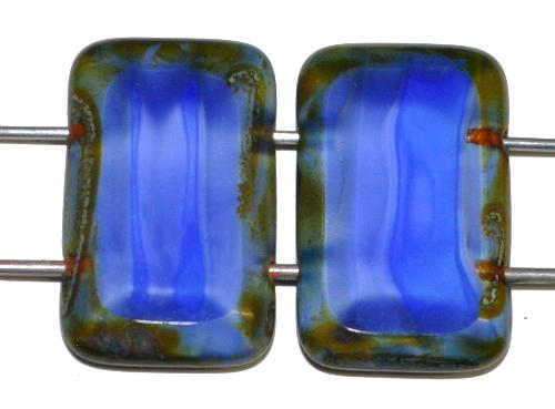 Glasperlen / Table Cut Beads geschliffen 
 mit 2 Löchern 
 Perlettglas blau mit picasso finish, 
 hergestellt in Gablonz / Tschechien