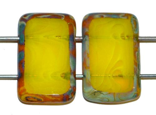 Glasperlen / Table Cut Beads geschliffen 
 mit 2 Löchern 
 Perlettglas gelb mit picasso finish, 
 hergestellt in Gablonz / Tschechien
