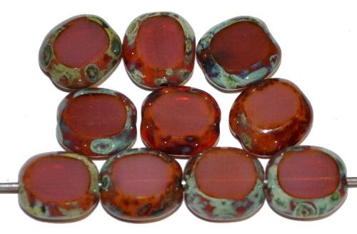 Glasperlen / Table Cut Beads
 geschliffen, Opalglas brombeer mit picasso finish, 
 hergestellt in Gablonz Tschechien 