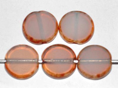 Glasperlen / Table Cut Beads Scheiben geschliffen 
 Opalglas smokyrose Rand mit picasso finish,
 hergestellt in Gablonz Tschechien