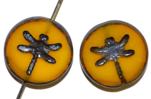 Glasperlen / Table Cut Beads geschliffen mit eingeprägter Libelle, 
 ambar mit picasso finish
 hergestellt in Gablonz / Tschechien