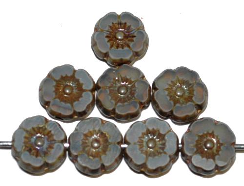 Glasperlen / Table Cut Beads geschliffen Blüten
 Opalglas grau mit  picasso finish,
 hergestellt in Gablonz / Tschechien