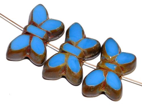 Glasperlen / Table Cut Beads Schmetterlinge 
 geschliffen, mittelblau mit picasso finish, 
 hergestellt in Gablonz Tschechien