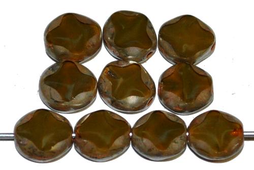Glasperlen / Table Cut Beads
 geschliffen, Perlettglas sumpfgrün mit picasso finish,
 hergestellt in Gablonz Tschechien