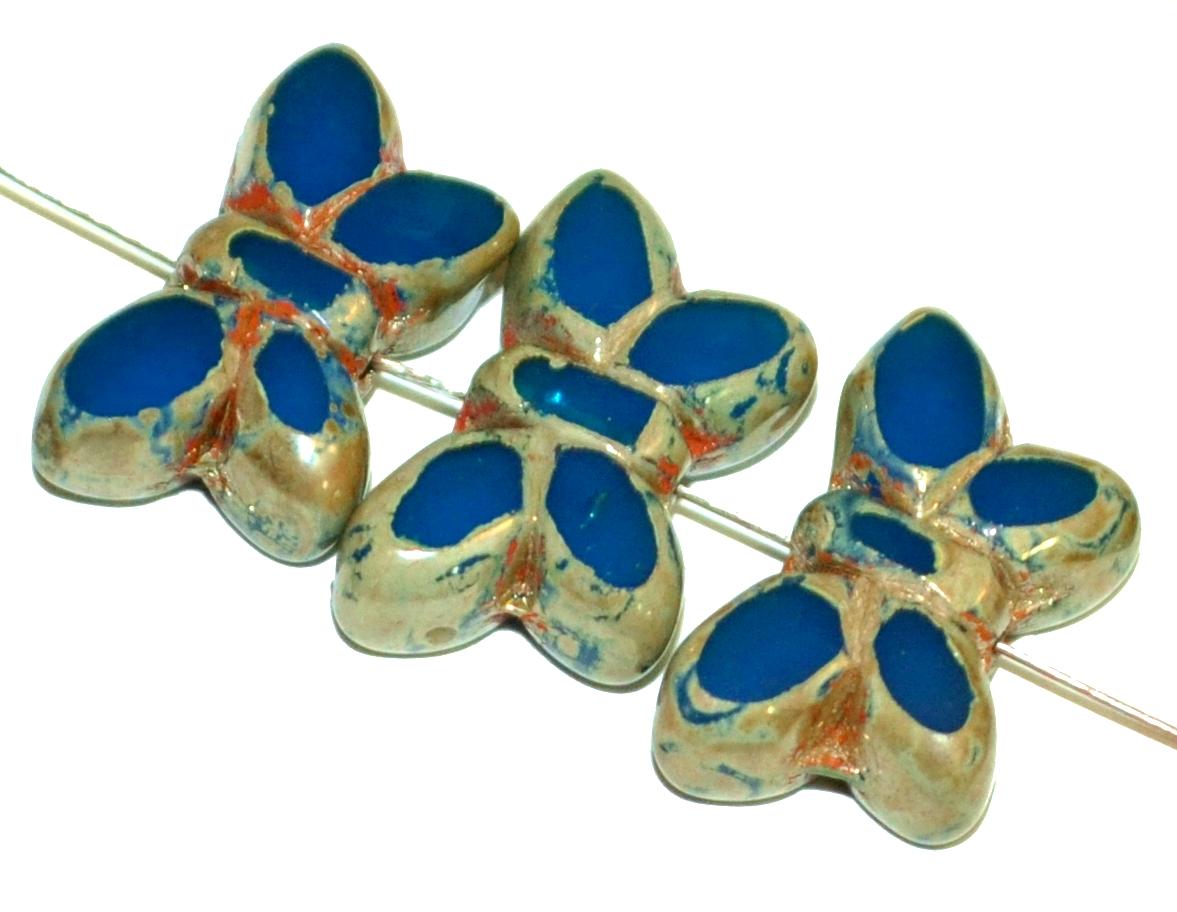 Glasperlen / Table Cut Beads Schmetterlinge 
 geschliffen, Alabasterglas montanablau mit picasso finish, 
 hergestellt in Gablonz Tschechien