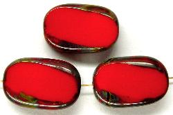 Glasperlen / Table Cut Beads
 Olive geschliffen, rot opak mit picasso finish,
 hergestellt in Gablonz / Tschechien