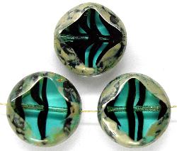 Glasperlen / Table Cut Beads
 türkis / schwarz gestreift
 geschliffen mit picasso finish