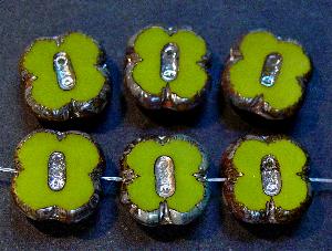 Glasperlen / Table Cut Beads geschliffen
 olivgrün opak mit picasso finish,
 hergestellt in Gablonz / Tschechien