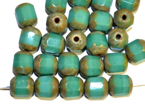 geschliffene Glasperlen / lampion beads
 türkis opak mit picasso finish,
 hergestellt in Gablonz / Tschechien